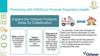 Partnering with FQHCs to Promote Population Health
Expand the Ochsner Footprint:
Areas for Collaboration
Refer patients
for diagnostic
and specialty
care within
Ochsner
network
Patient
Navigation:
follow-up and
care
coordination
Alignment of
Incentives:
Partnerships
can yield
higher shared
savings rates
(ex. reducing
unnecessary
ER visits)
▹For example, nurse case managers at
FQHCs can receive information on when
their patient was admitted/discharged from
the hospital
▹Allows for follow-up with the patient to
make an appointment to continue care
▹Can manage disease and reduce
unnecessary ER visits
 