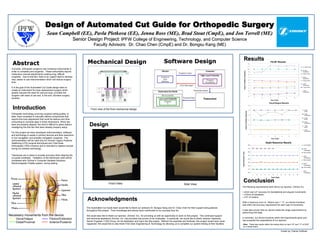 AbstractAbstract
Design of Automated Cut Guide for Orthopedic SurgeryDesign of Automated Cut Guide for Orthopedic Surgery
Sean Campbell (EE), Pavla Pletkova (EE), Jenna Ross (ME), Brad SSean Campbell (EE), Pavla Pletkova (EE), Jenna Ross (ME), Brad Stout (CmpE), and Jon Terrell (ME)tout (CmpE), and Jon Terrell (ME)
Senior Design Project:Senior Design Project: IPFW College of Engineering, Technology, and Computer ScienceIPFW College of Engineering, Technology, and Computer Science
Faculty Advisors: Dr. Chao Chen (CmpE) and Dr. Bongsu Kang (ME)Faculty Advisors: Dr. Chao Chen (CmpE) and Dr. Bongsu Kang (ME)
IntroductionIntroduction
DesignDesign
Currently, orthopedic surgeons use numerous instruments in
order to complete joint surgeries. These instruments require
meticulous manual adjustments creating long, difficult
surgeries. Due to this fact, there is an urgent need to develop
new, easier to use instrumentation which will reduce surgery
time.
It is the goal of the Automated Cut Guide design team to
create an instrument for knee replacement surgery which
greatly reduces the need for manual input, provides the
surgeon with ease of use and, in the end, shortens surgery
duration.
Orthopedic technology involving surgical cutting guides, to
date, have consisted of manually altered components that
require fine tune adjustment that could be tedious and time-
consuming to correctly align in three dimensions. When two
axes are properly aligned, the third is difficult to place without
misaligning the first two that were already properly setup.
For this project we have developed instrumentation, software,
and technology to assist in primary femoral and tibia resections
in non-navigated, and possibly navigated, surgeries. The
instrumentation will be used only for Zimmer Legacy Posterior
Stabilizing (LPS) surgical techniques and Total Knee
Arthroplasty (TKA) incisions and is intended to replace manual
tuning via wireless technology.
Tolerances are in place to provide accuracy when aligning the
cut guide wirelessly. Validation of the tolerances used will be
completed with Zimmer’s Computer Assisted Solutions
Electromagnetic Paddle system, during testing.
AcknowledgmentsAcknowledgments
The Automated Cut Guide team would like to thank our advisors Dr. Bongsu Kang and Dr. Chao Chen for their support and guidance
throughout this project. Their knowledge and advice have contributed to our success thus far.
We would also like to thank our sponsor, Zimmer, Inc., for providing us with an opportunity to work on this project. The continued support
and technical assistance Zimmer, Inc. has provided has proven to be invaluable. In particular, we would like to thank Jackson Heavener,
Senior Engineer I CAS Group, for his dedication and input into this project. Without his expertise and fortitude, this project would have never
happened. We would like to also thank First Gear Engineering & Technology for allowing us to complete our system testing at their facilities.
Necessary movements from the device:
Varus/Valgus Flexion/Extension
Distal/Proximal Anterior/Posterior
Poster by: Patrick Huffman
Front view of the final mechanical design.
Mechanical DesignMechanical Design FE/AP Results
0
1
2
3
4
5
6
7
8
9
10
11
12
1 2 3 4 5 6
Test Trials
10 Deg Actual
10 Deg
Theoretical
5 Deg Actual
5 Deg
Theoretical
3 Deg Actual
3 Deg
Theoretical
1 Deg Actual
1 Deg
Theoretical
AngleofRotation(Degrees)
Varus/Valgus Results
0
1
2
3
4
5
6
1 2 3 4 5 6 7
Test Trials
5 Deg
Actual
5 Deg
Theoretical
3 Deg
Actual
3 Deg
Theoretical
1 Deg
Actual
1 Deg
Theoretical
AngleofRotation(Degrees)
Depth Resection Results
0.0
1.0
2.0
3.0
4.0
5.0
6.0
7.0
8.0
1 2 3 4 5 6 7 8 9 10 11 12
Test Trials
1mm Actual
1mm
Theoretical
3mm Actual
3mm
Theoretical
5mm Actual
5mm
Theoretical
7mm Actual
7mm
Theoretical
DepthResection(mm)
Software DesignSoftware Design ResultsResults
Note: These test results reflect the testing done on April 10th and 11th of 2007
on a bread board.
Front View Side View
ConclusionConclusion
The following requirements were set by our sponsor, Zimmer Inc.
• ±2mm and ±2° accuracy for translational and angular movements
• ±15mm of translation
• ±10° of rotation
With a maximum error of .150mm and 1° 17', our device functions
well within the accuracy requirement for each type of movement.
It was also proven that our device meets the range requirements by
performing limit tests.
In summary, our device functions within the requirements given and
has exceeded the expectations of our sponsor.
 