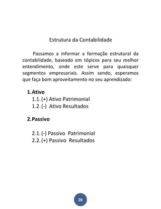 Estrutura da Contabilidade

     Passamos a informar a formação estrutural da
contabilidade, baseado em tópicos para seu melhor
entendimento, onde este serve para quaisquer
segmentos empresariais. Assim sendo, esperamos
que faça bom aproveitamento no seu aprendizado:

 1. Ativo
    1.1. (+) Ativo Patrimonial
    1.2. (-) Ativo Resultados

 2. Passivo

   2.1. (-) Passivo Patrimonial
   2.2. (+) Passivo Resultados




                        26
 