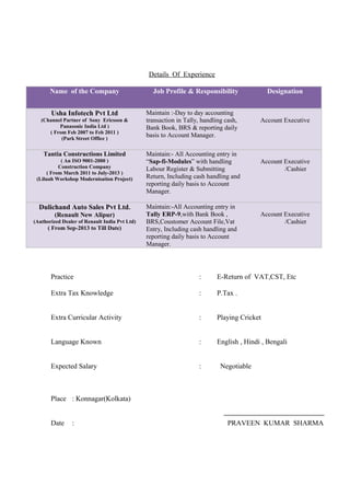 Details Of Experience
Name of the Company Job Profile & Responsibility Designation
Usha Infotech Pvt Ltd
(Channel Partner of Sony Ericsson &
Panasonic India Ltd )
( From Feb 2007 to Feb 2011 )
(Park Street Office )
Maintain :-Day to day accounting
transaction in Tally, handling cash,
Bank Book, BRS & reporting daily
basis to Account Manager.
Account Executive
Tantia Constructions Limited
( An ISO 9001-2000 )
Construction Company
( From March 2011 to July-2013 )
(Liluah Workshop Modernisation Project)
Maintain:- All Accounting entry in
“Sap-fi-Modules” with handling
Labour Register & Submitting
Return, Including cash handling and
reporting daily basis to Account
Manager.
Account Executive
/Cashier
Dulichand Auto Sales Pvt Ltd.
(Renault New Alipur)
(Authorized Dealer of Renault India Pvt Ltd)
( From Sep-2013 to Till Date)
Maintain:-All Accounting entry in
Tally ERP-9,with Bank Book ,
BRS,Coustomer Account File,Vat
Entry, Including cash handling and
reporting daily basis to Account
Manager.
Account Executive
/Cashier
Practice : E-Return of VAT,CST, Etc
Extra Tax Knowledge : P.Tax .
Extra Curricular Activity : Playing Cricket
Language Known : English , Hindi , Bengali
Expected Salary : Negotiable
Place : Konnagar(Kolkata)
Date : PRAVEEN KUMAR SHARMA
 