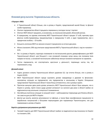 12
Основні результати: Тернопільська область
«Портрет» МСБ
 У Тернопільській області більше, ніж в цілому в Україні, представлений малий бізнес та фізичні
особи-підприємці.
 Опитані підприємства області працюють переважно у секторах послуг і торгівлі.
 Опитані МСП області працюють, в основному, на локальних (місцевий, обласний) ринках.
 В середньому, на одному опитаному МСП Тернопільської області працює 17 осіб, причому одна
фізична особа-підприємець працевлаштовує в середньому 5 осіб, а одне підприємство, яке є
юридичною особою, – 23 особи.
 Більшість опитаних МСП не змінили кількості працівників за останні два роки.
 Жінки становлять 39% від опитаних представників МСП у Тернопільській області, тоді як чоловіки –
61%.
 Які і в цілому в Україні, структура споживачів та постачальників досить диверсифікована для МСП
Тернопільської області: для більшості з них основний споживач купує менш ніж половину їхніх
товарів чи послуг, а основний постачальник забезпечує менше половини матеріалів чи сировини.
 Частка підприємств, які спостерігають зростання у діяльності, перевищує частку тих, які
переживають спад.
Діловий клімат
 Індекс ділового клімату Тернопільської області дорівнює 0,2. Це істотно більше, ніж в цілому в
Україні (0,02).
 МСП Тернопільської області краще оцінюють ділове середовище в державі та фінансово-
економічну ситуацію на підприємстві, ніж підприємства в загальному в Україні. Очікування
представників Тернопільської області також більш оптимістичні, ніж в цілому в країні.
 Протягом минулих двох років ділова активність МСП Тернопільської області була кращою, ніж в
Україні в цілому, проте плани щодо ділової активності на наступні два роки в області майже не
відрізняються від загальних: очікується її пожвавлення.
 Нестабільна політична ситуація та низький попит – найпоширеніші перешкоди для бізнесу області,
так само як для усіх МСП в Україні.
 Доступ до коштів, валютне регулювання та інфляція, а також брак кваліфікованих працівників та
виробничих потужностей є більшими перешкодами для підприємців Тернопільщини, ніж для
підприємців в цілому в Україні.
Вартість дотримання регулювання для МСП
 Часовий податок для МСП Тернопільської області майже не відрізняється від показника по Україні
та становить 16%.
 