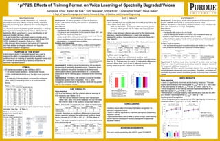 EXP 2 RESULTS
Voice learning
•  Voice ID significantly improved across training sessions. This was
true for performance in the training task (F(3, 38) = 80.15, p < .0001) and
in the post-training ID task (F(3, 38) = 43.95, p < .0001, See Fig. 6).
• Voice recognition in the training task was significantly better for AV
than the A group (F(1, 38) = 6.96, p < .05).
• Performance in the post-training voice identification task did not differ
as a function of training format (F(1, 38) = 1.807, p > .05).
Auditory word recognition
• Word recognition performance did not differ significantly for trained vs.
untrained voices (F(1, 38) = .211, p > .05, See Fig. 7).
EXP 1 RESULTS
Voice learning
• Voice identification was significantly more difficult for Talker Set
1 than Talker Set 2 (See Fig. 3).
• F0s for Talker Set 1 overlapped within the same gender
whereas within-gender F0s for Talker Set 2 were spread
apart.
• When a less stringent criterion was used for the training task,
there was a significant difference in mean total sessions
between the auditory and auditory-visual groups in Talker Set 1
(See Table 5).
Table 5. Total sessions required to achieve 75% criterion performance in
the voice training task.
Auditory word recognition
• There was no significant difference in auditory word
recognition between the trained voices and the untrained voices
(See Fig. 4). This was may be due to: 1) intelligibility differences
between Talker Sets 1 and 2; and 2) different numbers of
training sessions across subjects and conditions.
FIG 3. Average performance in
the voice identification task. Error
bars represent 95% confidence
interval. The dotted line
represents chance level (25%).
STIMULI
• 320 sentences created by Bell & Wilson (2001).
• 7-9 words in each sentence, semantically neutral.
• 3 key words per sentence (e.g., She felt a rough spot on her
skin.).
•  5 male and 5 female talkers produced the sentences
(See Table 1); recordings were in an audiovisual HD
format.
Table 1. Talker Acoustics.
• All sentences were processed via12-channel noise-band CI
simulator (See Fig. 1 & Table 2).
Table 2. Corner frequencies
for frequency analysis filters
for CI simulation.
1pPP25. Effects of Training Format on Voice Learning of Spectrally Degraded Voices 
Sangsook Choi1, Karen Iler Kirk1, Tom Talavage2, Vidya Krull1, Christopher Smalt2, Steve Baker2
1. Dept. of Speech Language and Hearing Science, 2. Dept. of Electrical and Computer Engineering
BACKGROUND
• Perception of talker-specific information (i.e., indexical
information such as a talker’s voice) is closely related to
linguistic processing of an utterance (For review, Nygaard,
2005).
• Audiovisual speech facilitates speech perception in adverse
listening environments (Sumby  Pollack, 1954). Similar
facilitative effects were found in voice identification in NH
listeners (Sheffert  Olson, 2004).
• It is well known that audiovisual speech provides large
benefits to individuals with hearing impairment (Erber, 1972;
1975), including CI recipients (Tyler et al., 1997).
• Little is known about indexical perception in CI recipients
and their abilities to integrate indexical and linguistic
information in speech recognition.
PURPOSE OF THE STUDY
In the present study, CI-simulated speech was used to
examine the effect of presentation format (auditory vs.
auditory-visual) on learning of spectrally degraded voices and
the transfer of voice learning to auditory recognition of
spectrally degraded speech.
EXPERIMENT 1
Participants: 32 native speakers of General American
English with normal-hearing and normal or corrected-to-
normal vision.
Procedures:
Voice learning
• Familiarized with voices in A or AV presentation format.
• 1/2 group in each presentation format trained on Talker Set 1, and
the remainder trained on Talker Set 2.
•  After familiarization, voice identification was tested in an A format
and the feedback was provided on every trial.
• Voice identification training continued until criterion performance
was reached or 10 sessions were completed.
Auditory word recognition
•  Upon completion of voice ID training, auditory word recognition
was tested using novel sentences produced by all talkers in Sets 1
and 2 (1/2 trained voices, 1/2 untrained voices).
Hypothesis 1: Auditory-visual familiarization will accelerate
the learning of spectrally degraded voices. Therefore, fewer
training sessions should be necessary to achieve voice
identification criterion performance (80% in 2 consecutive
sessions) in the AV training group compared to the A training
group.
Hypothesis 2: Familiarity with a talker’s voice will facilitate
subsequent spoken word recognition. That is, word
recognition performance for the trained voices will be greater
than for the untrained voices.
EXP 1 RESULTS
Voice learning
• 75 % of the listeners met the criterion after an average of
4.83 sessions (see Tables 3  4).
• All who did not meet the criterion were trained with
Talker Set 1, and 75% of the listeners who did not meet
the criterion were in the auditory group (See Table 3).
Table 3. Total number of subjects who met and did not meet criterion.
• Overall, there was no significant difference in mean total
training sessions between the auditory and auditory-visual
training formats (t (1, 21.99) = .451, p  .05, See Table 4).
Table 4. Total sessions required to achieve 80% criterion performance
in the voice training task.
EXPERIMENT 2
Participants: A new group of 40 native speakers of General American
English with NH and normal or corrected-to normal vision
Stimuli: Six talkers in the training set and 4 talkers in the untrained set.
Sets were matched on average intelligibility.
Procedures:
Voice learning
• Familiarized with voices in A or AV format
• Voice ID training was carried in an A format. But the feedback about the
accuracy of each answer was provided in A or AV format.
• Upon completion of each training, subjects completed an auditory-only voice
ID task consisting of 20 new sentences spoken by 6 trained voices (total 120
tokens).
Auditory word recognition
• Pre- and post-training word recognition testing was carried in an A format
using sentences spoken by both trained and untrained talkers.
Hypothesis 1: Auditory-visual voice training will facilitate voice learning.
Therefore, voice ID performance should be better for subjects trained in
AV compared with those trained in A.
Hypothesis 2: Talker-specific knowledge learned from voice ID training
should facilitate subsequent word recognition. Therefore, recognition of
spectrally degraded speech should be greater for trained than untrained
voices.
FIG 4. Average auditory word
recognition performance. Error
bars represent 95%
confidence interval.
CONCLUSIONS
• Auditory-visual talker information facilitated recognition for
spectrally degraded voices.
• Voice ID training significantly improved perception of spectrally
degraded voices.
• Improved familiarity with a talker’s voice through voice training
did not improve subsequent auditory recognition of spectrally
degraded speech.
FIG 6. Mean voice ID
performance. Error bars
represent 95% confidence
interval. The dotted line is at
chance performance (33%).
FIG 7. Pre- and post-training mean
key-word recognition performance.
Error bars represent 95% confidence
interval.
ACKNOWLEDGEMENTS
This work was supported by NIH NIDCD grant DC008875.
Channel Start Freq Stop Freq
1 188 313
2 313 563
3 563 813
4 813 1063
5 1063 1313
6 1313 1688
7 1688 2188
8 2188 2813
9 2813 3688
10 3688 4813
11 4813 6188
12 6188 7938 FIG 1. Overview of the CI simulator
Total
Talker Set 1 Talker Set 2 Talker Set 1 Talker Set 2
Criterion met 2 8 6 8 24
Criterion unmet 6 0 2 0 8
Auditory Auditory-visual
Auditory Auditory-visual Auditory Auditory-visual
Mean 7 4.13 3.88 4.13
SD 2.08 1.25 1.36 2.75
t-statistic
Talker Set 1 Talker Set 2
t (1,14) = .231, p .05t (1,9.55) = -3.19, p  .05
FIG 2. A schematic of
voice ID training and word
recognition tasks.
Voice ID Training
Sentence
transcription
A-only
Pre-training word recognition
Voice ID with
Feedback
A or AV A-onlyA or AV
Voice ID TestFamiliarization
Sentence
transcription
Post-training word recognition
A-only
Training repeated for 4 sessions
FIG 5. A schematic of voice
training and word recognition
tasks used for EXP 2.
Talker Sex Age
Mean F0
(Hz)
Min F0
(Hz)
Max F0
(Hz)
01 f 25 207 77 366
02 f 23 201 78 308
03 f 21 183 104 322
04 f 24 172 78 452
05 f 36 145 84 334
06 m 27 137 80 295
07 m 20 124 90 181
08 m 27 116 81 191
09 m 28 113 103 175
10 m 28 113 76 271
Total
Talker Set 1 Talker Set 2 Talker Set 1 Talker Set 2
Mean 6 4.25 5.67 4.5 4.83
SD 1.41 1.75 2.73 2.51 2.24
Mean 4.83
SD 2.24
t-statistic
5 4.6
2.57 1.78
t (1, 21.99) = .451, p  .05
Auditory Auditory-visual
 