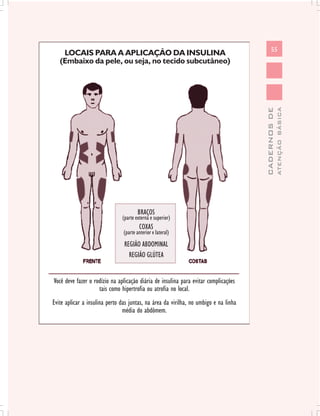 55
CADERNOSDE
ATENÇÃOBÁSICA
LOCAIS PARA A APLICAÇÃO DA INSULINA
(Embaixo da pele, ou seja, no tecido subcutâneo)
BRAÇOS
(parte externa e superior)
COXAS
(parte anterior e lateral)
REGIÃO ABDOMINAL
REGIÃO GLÚTEA
Você deve fazer o rodízio na aplicação diária de insulina para evitar complicações
tais como hipertrofia ou atrofia no local.
Evite aplicar a insulina perto das juntas, na área da virilha, no umbigo e na linha
média do abdômem.
 