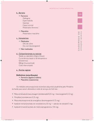 SAÚDE SEXUAL E SAÚDE REPRODUTIVA


                      b.	 Barreira
                                                                                                              133
                      	 •  Feminino
                      		     Diafragma
                      		     Espermaticida
                      		     Esponjas
                      		     Capuz cervical
                      		     Preservativo feminino
                      	 •  Masculino




                                                                                                                        ATENÇÃO BÁSICA
                                                                                                          CADERNOS DE
                      		     Preservativo masculino

                      c.	 Intrauterinos
                      	 •  Medicados
                      		    DIU de cobre
                      		    Diu com levonorgestrel
                      	   •  Não medicados

                      d.	 Comportamentais ou naturais
                      	 Tabela ou calendário (Ogino-Knaus)
                      	 Curva térmica basal ou de temperatura
                      	 Sintotérmico
                      	 Billings (mucocervical)
                      	 Coito interrompido

                      e.	 Duchas vaginais

                      Definitivos (esterilização)
                      	 •  Feminino (ligadura tubária)
                      	 •  Masculino (vasectomia)


                     Os métodos anticoncepcionais reversíveis adquiridos atualmente pelo Ministério
               da Saúde para serem oferecidos à rede de serviços do SUS são:

               •	 Pílula combinada de baixa dosagem (etinilestradiol 0,03 mg + levonorgestrel 0,15 mg).
               •	 Minipílula (noretisterona 0,35 mg).
               •	 Pílula anticoncepcional de emergência (levonorgestrel 0,75 mg).
               •	 Injetável mensal (enantato de norestisterona 50 mg + valerato de estradiol 5 mg).
               •	 Injetável trimestral (acetato de medroxiprogesterona 150 mg).




CAB 26 SSR.indd 133                                                                                                                  2/8/2010 22:30:43
 