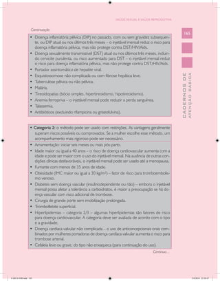 SAÚDE SEXUAL E SAÚDE REPRODUTIVA


                  Continuação
                                                                                                            165
                •	 Doença inflamatória pélvica (DIP) no passado, com ou sem gravidez subsequen-
                   te, ou DIP atual ou nos últimos três meses – o injetável mensal reduz o risco para
                   doença inflamatória pélvica, mas não protege contra DST/HIV/Aids.
                •	 Doença sexualmente transmissível (DST) atual ou nos últimos três meses, incluin-
                   do cervicite purulenta, ou risco aumentado para DST – o injetável mensal reduz
                   o risco para doença inflamatória pélvica, mas não protege contra DST/HIV/Aids.
                •	 Portador assintomático de hepatite viral.




                                                                                                                      ATENÇÃO BÁSICA
                                                                                                        CADERNOS DE
                •	 Esquistossomose não complicada ou com fibrose hepática leve.
                •	 Tuberculose pélvica ou não pélvica.
                •	 Malária.
                •	 Tireoidopatias (bócio simples, hipertireoidismo, hipotireoidismo).
                •	 Anemia ferropriva – o injetável mensal pode reduzir a perda sanguínea.
                •	 Talassemia.
                •	 Antibióticos (excluindo rifampicina ou griseofulvina).


                • Categoria 2: o método pode ser usado com restrições. As vantagens geralmente
                   superam riscos possíveis ou comprovados. Se a mulher escolhe esse método, um
                   acompanhamento mais rigoroso pode ser necessário.
                •	 Amamentação: iniciar seis meses ou mais pós-parto.
                •	 Idade maior ou igual a 40 anos – o risco de doença cardiovascular aumenta com a
                   idade e pode ser maior com o uso do injetável mensal. Na ausência de outras con-
                   dições clínicas desfavoráveis, o injetável mensal pode ser usado até a menopausa.
                •	 Fumante com menos de 35 anos de idade.
                •	 Obesidade (IMC maior ou igual a 30 kg/m²) – fator de risco para tromboembolis-
                   mo venoso.
                •	 Diabetes sem doença vascular (insulinodependente ou não) – embora o injetável
                   mensal possa afetar a tolerância a carboidratos, é maior a preocupação se há do-
                   ença vascular com risco adicional de trombose.
                •	 Cirurgia de grande porte sem imobilização prolongada.
                •	 Tromboflebite superficial.
                •	 Hiperlipidemias – categoria 2/3 – algumas hiperlipidemias são fatores de risco
                   para doença cardiovascular. A categoria deve ser avaliada de acordo com o tipo
                   e a gravidade.
                •	 Doença cardíaca valvular não complicada – o uso de anticoncepcionais orais com-
                   binados por mulheres portadoras de doença cardíaca valvular aumenta o risco para
                   trombose arterial.
                •	 Cefaleia leve ou grave, do tipo não enxaqueca (para continuação do uso).
                                                                                          Continua...




CAB 26 SSR.indd 165                                                                                                                2/8/2010 22:30:47
 