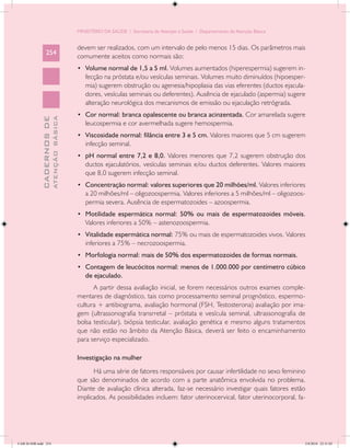 MINISTÉRIO DA SAÚDE / Secretaria de Atenção à Saúde / Departamento de Atenção Básica


                                            devem ser realizados, com um intervalo de pelo menos 15 dias. Os parâmetros mais
                 254
                                            comumente aceitos como normais são:
                                            •	 Volume normal de 1,5 a 5 ml. Volumes aumentados (hiperespermia) sugerem in-
                                               fecção na próstata e/ou vesículas seminais. Volumes muito diminuídos (hipoesper-
                                               mia) sugerem obstrução ou agenesia/hipoplasia das vias eferentes (ductos ejacula-
                                               dores, vesículas seminais ou deferentes). Ausência de ejaculado (aspermia) sugere
                                               alteração neurológica dos mecanismos de emissão ou ejaculação retrógrada.
                                            •	 Cor normal: branca opalescente ou branca acinzentada. Cor amarelada sugere
                           ATENÇÃO BÁSICA
             CADERNOS DE




                                               leucospermia e cor avermelhada sugere hemospermia.
                                            •	 Viscosidade normal: filância entre 3 e 5 cm. Valores maiores que 5 cm sugerem
                                               infecção seminal.
                                            •	 pH normal entre 7,2 e 8,0. Valores menores que 7,2 sugerem obstrução dos
                                               ductos ejaculatórios, vesículas seminais e/ou ductos deferentes. Valores maiores
                                               que 8,0 sugerem infecção seminal.
                                            •	 Concentração normal: valores superiores que 20 milhões/ml. Valores inferiores
                                               a 20 milhões/ml – oligozoospermia. Valores inferiores a 5 milhões/ml – oligozoos-
                                               permia severa. Ausência de espermatozoides – azoospermia.
                                            •	 Motilidade espermática normal: 50% ou mais de espermatozoides móveis.
                                               Valores inferiores a 50% – astenozoospermia.
                                            •	 Vitalidade espermática normal: 75% ou mais de espermatozoides vivos. Valores
                                               inferiores a 75% – necrozoospermia.
                                            •	 Morfologia normal: mais de 50% dos espermatozoides de formas normais.
                                            •	 Contagem de leucócitos normal: menos de 1.000.000 por centímetro cúbico
                                               de ejaculado.
                                                  A partir dessa avaliação inicial, se forem necessários outros exames comple-
                                            mentares de diagnóstico, tais como processamento seminal prognóstico, espermo-
                                            cultura + antibiograma, avaliação hormonal (FSH, Testosterona) avaliação por ima-
                                            gem (ultrassonografia transrretal – próstata e vesícula seminal, ultrassonografia de
                                            bolsa testicular), biópsia testicular, avaliação genética e mesmo alguns tratamentos
                                            que não estão no âmbito da Atenção Básica, deverá ser feito o encaminhamento
                                            para serviço especializado.

                                            Investigação na mulher
                                                  Há uma série de fatores responsáveis por causar infertilidade no sexo feminino
                                            que são denominados de acordo com a parte anatômica envolvida no problema.
                                            Diante de avaliação clínica alterada, faz-se necessário investigar quais fatores estão
                                            implicados. As possibilidades incluem: fator uterinocervical, fator uterinocorporal, fa-




CAB 26 SSR.indd 254                                                                                                                2/8/2010 22:31:02
 