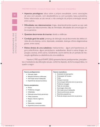 MINISTÉRIO DA SAÚDE / Secretaria de Atenção à Saúde / Departamento de Atenção Básica


                                            •	 Aspectos psicológicos: tabus sobre a própria sexualidade, como: associações
                   52
                                               de sexo com pecado, com desobediência ou com punições; baixa autoestima;
                                               fobias relacionadas ao ato sexual; a não aceitação da própria orientação sexual,
                                               entre outros.

                                            •	 Dificuldades nos relacionamentos: brigas, desentendimentos quanto ao que cada
                                               um espera do relacionamento; falta de intimidade; dificuldades de comunicação en-
                                               tre os parceiros.
                           ATENÇÃO BÁSICA
             CADERNOS DE




                                            •	 Questões decorrentes de traumas: devido a violências.

                                            •	 Condição geral de saúde: presença de disfunção sexual decorrente dos efeitos di-
                                               retos de uma doença, como: depressão, ansiedade, doenças crônico-degenerativas
                                               graves, entre outras.

                                            •	 Efeitos diretos de uma substância: medicamentos – alguns anti-hipertensivos, al-
                                               guns antiarrítmicos, alguns psicotrópicos, anabolizantes, álcool e outras drogas, ex-
                                               posição a toxinas, entre outros. Geralmente, ocorre dentro de um período de into-
                                               xicação significativa ou abstinência de uma substância.

                                                  Hawton (1985 apud KNAPP 2004) apresenta fatores predisponentes, precipitan-
                                                                             ,
                                            tes e mantedores das disfunções sexuais, conforme disposto, de forma esquemática, no
                                            quadro a seguir:




CAB 26 SSR.indd 52                                                                                                                 2/8/2010 22:30:34
 