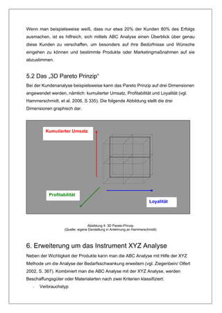 Wenn man beispielsweise weiß, dass nur etwa 20% der Kunden 80% des Erfolgs
ausmachen, ist es hilfreich, sich mittels ABC Analyse einen Überblick über genau
diese Kunden zu verschaffen, um besonders auf ihre Bedürfnisse und Wünsche
eingehen zu können und bestimmte Produkte oder Marketingmaßnahmen auf sie
abzustimmen.


5.2 Das „3D Pareto Prinzip“
Bei der Kundenanalyse beispielsweise kann das Pareto Prinzip auf drei Dimensionen
angewendet werden, nämlich: kumulierter Umsatz, Profitabilität und Loyalität (vgl.
Hammerschmidt, et al. 2006, S 335). Die folgende Abbildung stellt die drei
Dimensionen graphisch dar.




          Kumulierter Umsatz




           Profitabilität
                                                                        Loyalität




                                  Abbildung 4: 3D Pareto-Prinzip
                   (Quelle: eigene Darstellung in Anlehnung an Hammerschmidt)




6. Erweiterung um das Instrument XYZ Analyse
Neben der Wichtigkeit der Produkte kann man die ABC Analyse mit Hilfe der XYZ
Methode um die Analyse der Bedarfsschwankung erweitern (vgl. Ziegenbein/ Olfert
2002, S. 367). Kombiniert man die ABC Analyse mit der XYZ Analyse, werden
Beschaffungsgüter oder Materialarten nach zwei Kriterien klassifiziert:
   -   Verbrauchstyp
 