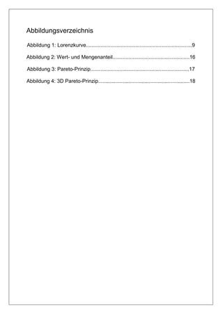 Abbildungsverzeichnis

Abbildung 1: Lorenzkurve.........................................................................9

Abbildung 2: Wert- und Mengenanteil.....................................................16

Abbildung 3: Pareto-Prinzip....................................................................17

Abbildung 4: 3D Pareto-Prinzip...............................................................18
 