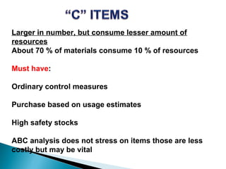 Larger in number, but consume lesser amount of
resources
About 70 % of materials consume 10 % of resources
Must have:
Ordinary control measures
Purchase based on usage estimates
High safety stocks
ABC analysis does not stress on items those are less
costly but may be vital

 