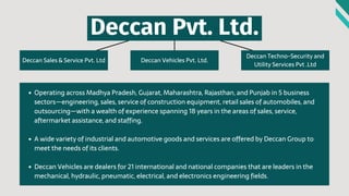 Deccan Sales & Service Pvt. Ltd
Deccan Pvt. Ltd.
Deccan Vehicles Pvt. Ltd.
Deccan Techno-Security and
Utility Services Pvt .Ltd
Operating across Madhya Pradesh, Gujarat, Maharashtra, Rajasthan, and Punjab in 5 business
sectors—engineering, sales, service of construction equipment, retail sales of automobiles, and
outsourcing—with a wealth of experience spanning 18 years in the areas of sales, service,
aftermarket assistance, and staffing.
A wide variety of industrial and automotive goods and services are offered by Deccan Group to
meet the needs of its clients.
Deccan Vehicles are dealers for 21 international and national companies that are leaders in the
mechanical, hydraulic, pneumatic, electrical, and electronics engineering fields.
 