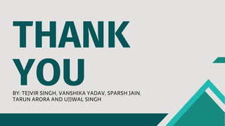 THANK
YOU
BY: TEJVIR SINGH, VANSHIKA YADAV, SPARSH JAIN,
TARUN ARORA AND UJJWAL SINGH
 