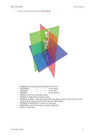 ABC ANATOMY                                                                  Our Anatomy

        Other anatomical reference TERMS (p. 6)




          ANTERIOR: facing toward or located at the front
          POSTERIOR: “           “  “     “     at the back
          SUPERIOR: “           “   “     “     at the top
          INFERIOR:     “       “   “      “    at the bottom
          MEDIAL: closer to the median plane
          LATERAL: further for the median plane
          INTERNAL or DEEP: inside the body (note: the deep muscles of the foot form the
          superior layer and the superficial ones the inferior layer)
          EXTERNAL or SUPERFICIAL: surface of the body
          PROXIMAL: closer to the trunk or some major joint
          DISTAL: further from      “         “      “    “




Looking Inward                                                                             5
 