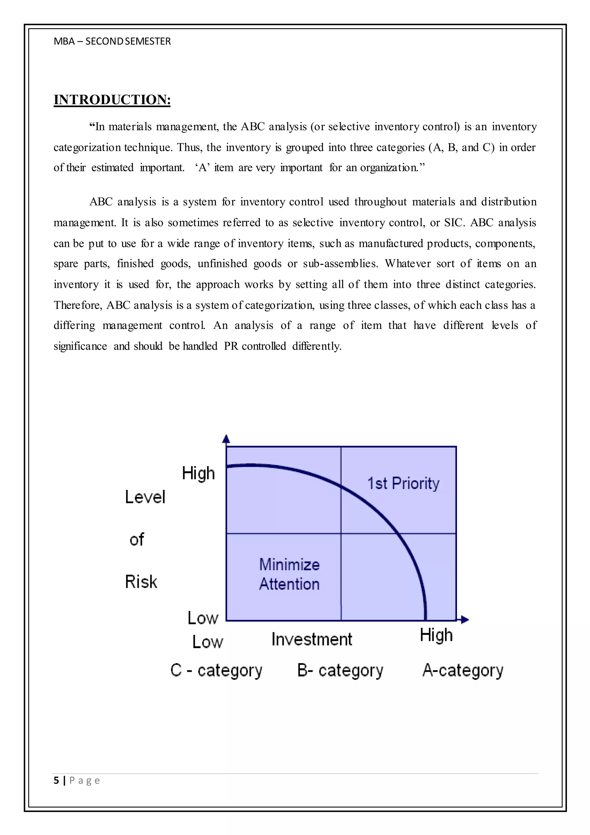 MBA – SECONDSEMESTER
5 | P a g e
INTRODUCTION:
“In materials management, the ABC analysis (or selective inventory control) is an inventory
categorization technique. Thus, the inventory is grouped into three categories (A, B, and C) in order
of their estimated important. ‘A’ item are very important for an organization.”
ABC analysis is a system for inventory control used throughout materials and distribution
management. It is also sometimes referred to as selective inventory control, or SIC. ABC analysis
can be put to use for a wide range of inventory items, such as manufactured products, components,
spare parts, finished goods, unfinished goods or sub-assemblies. Whatever sort of items on an
inventory it is used for, the approach works by setting all of them into three distinct categories.
Therefore, ABC analysis is a system of categorization, using three classes, of which each class has a
differing management control. An analysis of a range of item that have different levels of
significance and should be handled PR controlled differently.
 