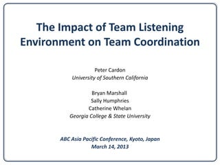 The Impact of Team Listening
Environment on Team Coordination
Peter Cardon
University of Southern California
Bryan Marshall
Sally Humphries
Catherine Whelan
Georgia College & State University
ABC Asia Pacific Conference, Kyoto, Japan
March 14, 2013
 