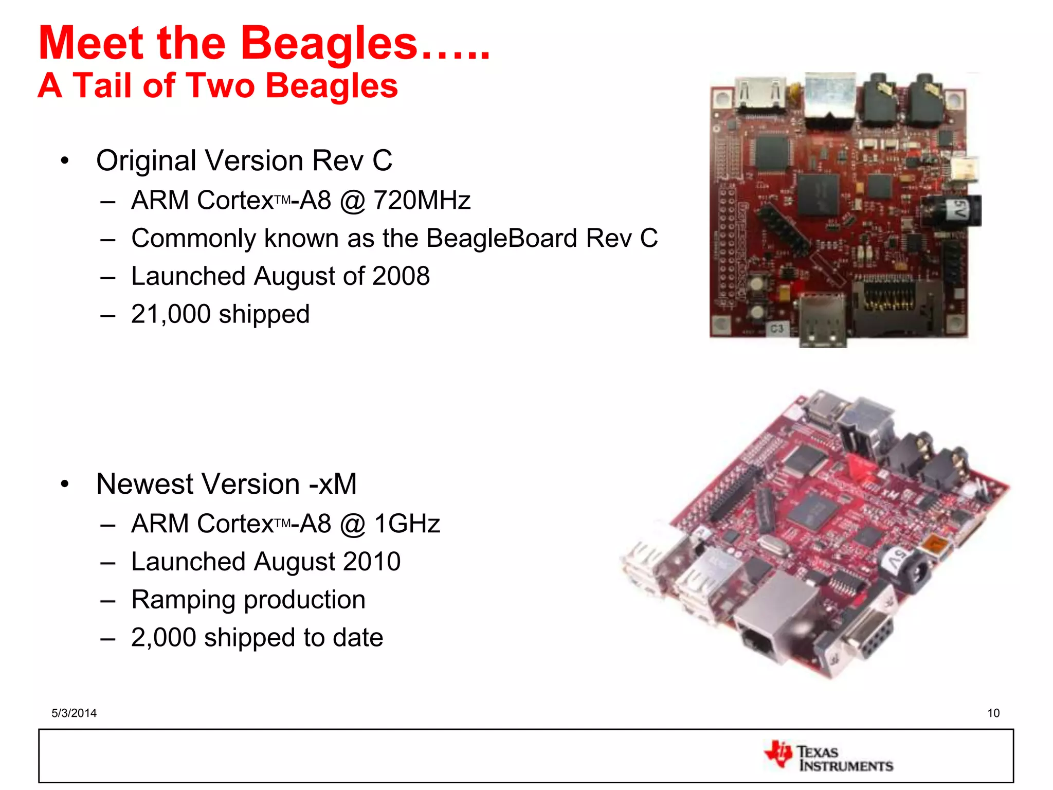 5/3/2014 10
Meet the Beagles…..
A Tail of Two Beagles
• Original Version Rev C
– ARM CortexTM-A8 @ 720MHz
– Commonly known as the BeagleBoard Rev C
– Launched August of 2008
– 21,000 shipped
• Newest Version -xM
– ARM CortexTM-A8 @ 1GHz
– Launched August 2010
– Ramping production
– 2,000 shipped to date
 