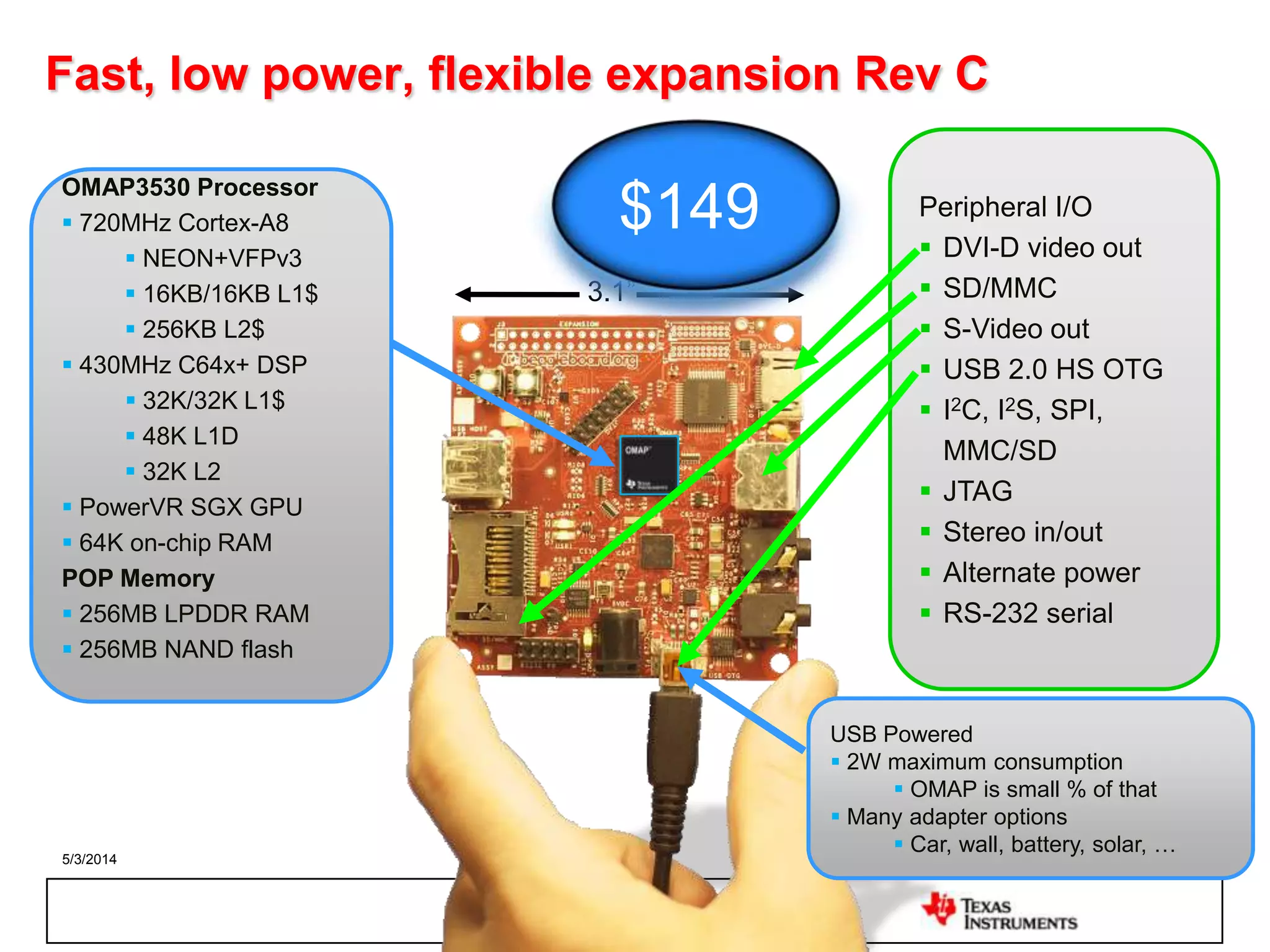 5/3/2014 11
Peripheral I/O
 DVI-D video out
 SD/MMC
 S-Video out
 USB 2.0 HS OTG
 I2C, I2S, SPI,
MMC/SD
 JTAG
 Stereo in/out
 Alternate power
 RS-232 serial
Fast, low power, flexible expansion Rev C
3.1”
OMAP3530 Processor
 720MHz Cortex-A8
 NEON+VFPv3
 16KB/16KB L1$
 256KB L2$
 430MHz C64x+ DSP
 32K/32K L1$
 48K L1D
 32K L2
 PowerVR SGX GPU
 64K on-chip RAM
POP Memory
 256MB LPDDR RAM
 256MB NAND flash
USB Powered
 2W maximum consumption
 OMAP is small % of that
 Many adapter options
 Car, wall, battery, solar, …
$149
 