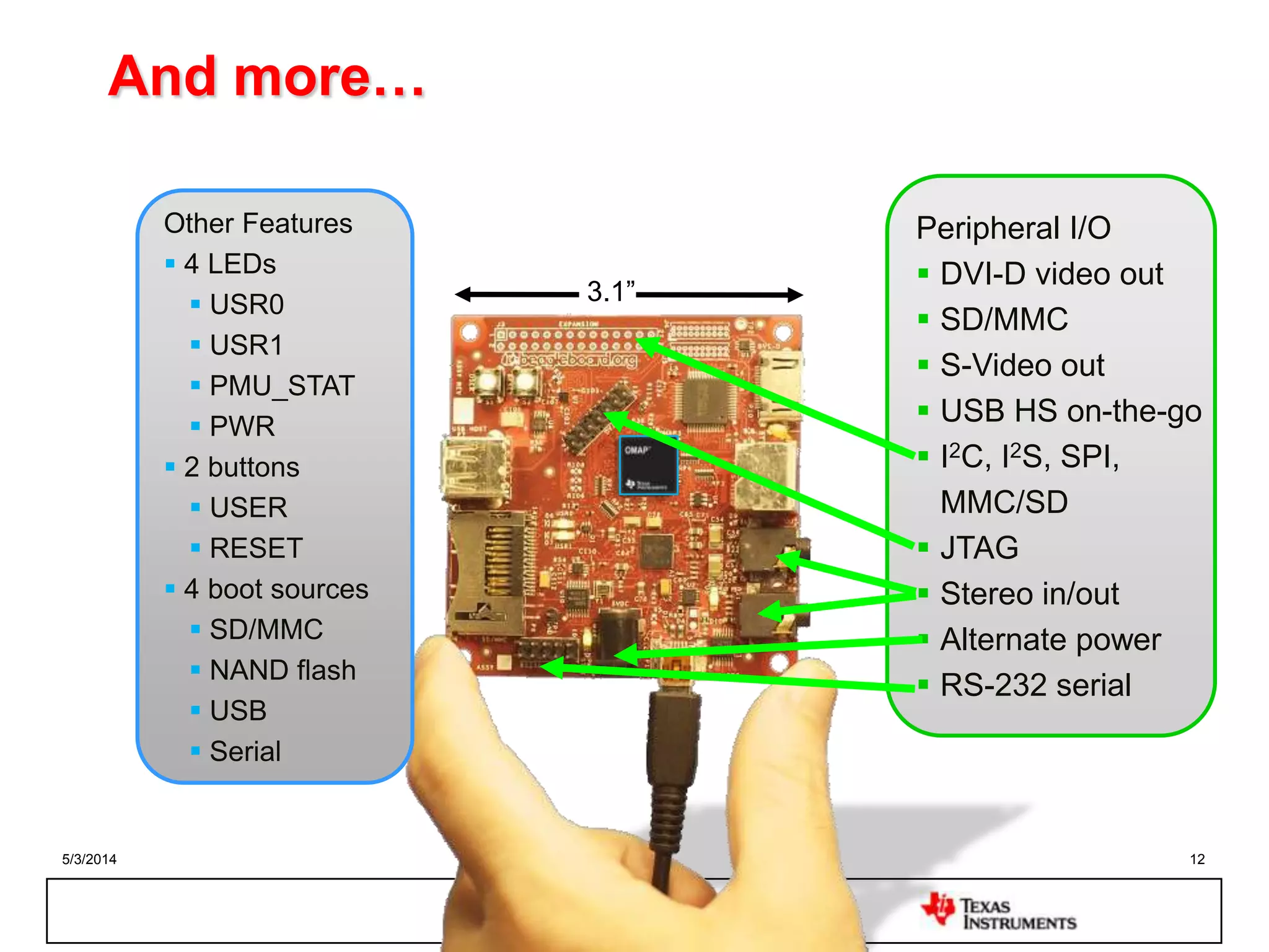 5/3/2014 12
Peripheral I/O
 DVI-D video out
 SD/MMC
 S-Video out
 USB HS on-the-go
 I2C, I2S, SPI,
MMC/SD
 JTAG
 Stereo in/out
 Alternate power
 RS-232 serial
And more…
Other Features
 4 LEDs
 USR0
 USR1
 PMU_STAT
 PWR
 2 buttons
 USER
 RESET
 4 boot sources
 SD/MMC
 NAND flash
 USB
 Serial
3.1”
 