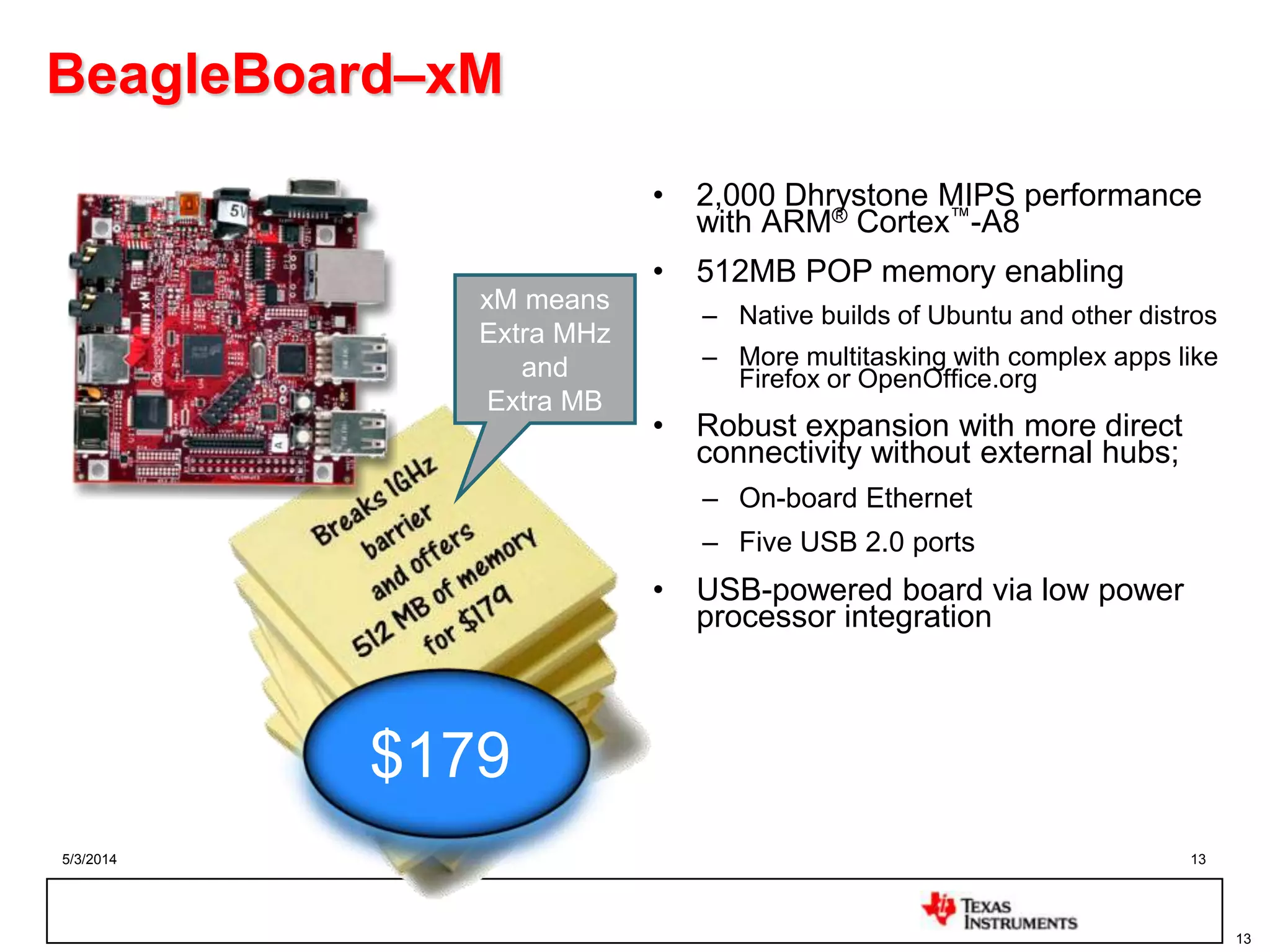 5/3/2014 13
13
BeagleBoard–xM
• 2,000 Dhrystone MIPS performance
with ARM® Cortex™-A8
• 512MB POP memory enabling
– Native builds of Ubuntu and other distros
– More multitasking with complex apps like
Firefox or OpenOffice.org
• Robust expansion with more direct
connectivity without external hubs;
– On-board Ethernet
– Five USB 2.0 ports
• USB-powered board via low power
processor integration
$179
xM means
Extra MHz
and
Extra MB
 
