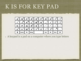 K IS FOR KEY PAD 
A keypad is a pad on a computer where you type letters 
 