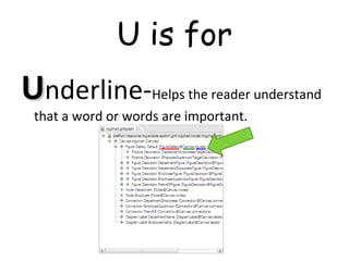 U is for
UUnderline-Helps the reader understand
that a word or words are important.
 