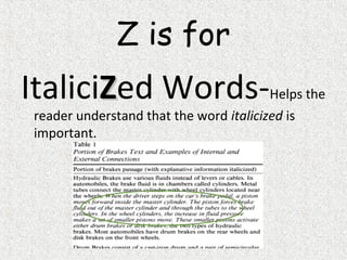 Z is for
ItaliciZZed Words-Helps the
reader understand that the word italicized is
important.
 