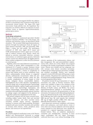 Articles
www.thelancet.com Vol 369 March 31, 2007 1091
ventional trial has yet investigated whether the addition
of EPA to conventional statin treatment would yield an
incremental clinical beneﬁt. The Japan EPA Lipid
Intervention Study (JELIS) tests the hypothesis that
long-term use of EPA is eﬀective in reduction of major
coronary events in Japanese hypercholesterolaemic
patients given statins.
Methods
Study design and patients
We did a prospective, randomised open-label, blinded
endpoint evaluation (PROBE).26
Our study design, and
inclusion and exclusion criteria are described in detail
elsewhere.27
We recruited 19466 hypercholesterolaemic
patients through local physicians from all regions of
Japan between November, 1996, and November, 1999.
Figure 1 shows the trial proﬁle. The participants
consisted of 5859 men (aged 40–75 years) and
12786 postmenopausal women (aged up to 75 years),
with or without coronary artery disease, which was
deﬁned as previous myocardial infarction, coronary
interventions, or conﬁrmed angina pectoris. Informed
written consent was obtained from all eligible patients
before random assignment to either the EPA treatment
or control groups.
Eligibility criteria were total cholesterol concentration of
6·5 mmol/L or greater, which corresponded to a LDL
cholesterol of 4·4 mmol/L or greater. Exclusion criteria
were: acute myocardial infarction within the past 6 months,
unstable angina pectoris, a history or complication of
serious heart disease (such as severe arrhythmia, heart
failure, cardiomyopathy, valvular disease, or congenital
disease), cardiovascular reconstruction within the past
6 months, cerebrovascular disorders within the past
6 months, complications of serious hepatic or renal
disease, malignant disease, uncontrollable diabetes,
hyperlipidaemia due to other disorders, hyperlipidaemia
caused by drugs such as steroid hormones, haemorrhage
(including haemophilia, capillary fragility, gastrointestinal
ulcer, urinary tract haemorrhage, haemoptysis, and
vitreous haemorrhage), haemorrhagic diathesis, hyper-
sensitivity to the study drug formulation, patients’ intention
to undergo surgery, and judgment by the physician in
charge that a patient was inappropriate for the study.
The primary endpoint was any major coronary event,
including sudden cardiac death, fatal and non-fatal
myocardial infarction, and other non-fatal events
including unstable angina pectoris, angioplasty,
stenting, or coronary artery bypass grafting. Secondary
endpoints (all-cause mortality, mortality and morbidity
of coronary artery disease, stroke, peripheral artery
disease, and cancer) are not reported here.
Procedures
We used the statistical coordination centre at the Toyama
Medical and Pharmaceutical University to manage
patient registration (including conﬁrmation of eligibility
criteria), operation of the randomisation scheme, and
data management. We used permuted-block random-
isation with a block size of four. Blocks were assigned
according to the number of participants enrolled at each
centre. Patients were divided into two subgroups: one
with coronary artery disease (secondary prevention;
n=3664) and one without (primary prevention; n=14981),
and stratiﬁed accordingly. Patients were randomly
assigned to receive EPA with statin (EPA group) or statin
alone (controls). All patients ﬁrst underwent 4–8 weeks
of washout from antihyperlipidaemic drugs. Patients also
received appropriate dietary advice.
All patients received 10 mg of pravastatin or 5 mg of
simvastatin once daily as ﬁrst-line treatment. These
statins were available in Japan at the initiation of this
study, and these doses were recommended by the
Ministry of Health, Labour, and Welfare. For serious
hypercholesterolaemia (deﬁned as uncontrolled), this
daily dose was increased to 20 mg pravastatin or 10 mg
simvastatin. No treatment with other antihyperlipidaemic
drugs was allowed during the study. EPA was given at a
dose of 600 mg, three times a day after meals (to a total of
1800 mg per day). We used capsules that contained
300 mg of highly puriﬁed (>98%) EPA ethyl ester
(Mochida Pharmaceuticals, Tokyo, Japan).
Local physicians monitored compliance with dietary
advice and medication, and noted adverse events at
every clinic visit. Clinical endpoints and severe adverse
events reported by local physicians were checked by
members of a regional organising committee in a
blinded fashion. Then, an endpoints adjudication
committee (see webappendix), consisting of three
expert cardiologists and one expert neurologist,
conﬁrmed them once a year without knowledge of the
19466 patients
9319 analysed by intention-
to-treat
791 discontinued observation
9326 analysed by intention-
to-treat
883 discontinued observation
98 lost to follow-up
273 withdrew consent
420 other reasons
99 lost to follow-up
361 withdrew consent
423 other reasons
821 did not meet inclusion
criteria
805 refused to give consent
16 other reasons
18645 randomly assigned
9319 controls 9326 EPA treatment
Figure 1:Trial proﬁle
See Online for webappendix
 