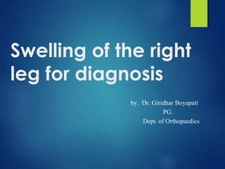 Swelling of the right 
leg for diagnosis 
by. Dr. Giridhar Boyapati 
PG. 
Dept. of Orthopaedics 
 