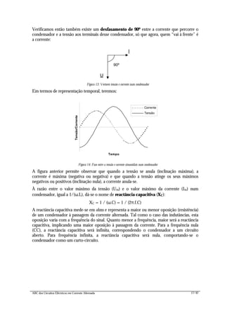 ABC dos Circuitos Eléctricos em Corrente Alternada 17/42
Verificamos então também existe um desfasamento de 90º entre a corrente que percorre o
condensador e a tensão aos terminais desse condensador, só que agora, quem “vai à frente” é
a corrente:
U
I
90º
Figura 13: Vectores tensão e corrente num condensador
Em termos de representação temporal, teremos:
Tempo
Tensão/Corrente
Corrente
Tensão
Figura 14: Fase entre a tensão e corrente sinusoidais num condensador
A figura anterior permite observar que quando a tensão se anula (inclinação máxima), a
corrente é máxima (negativa ou negativa) e que quando a tensão atinge os seus máximos
negativos ou positivos (inclinação nula), a corrente anula-se.
À razão entre o valor máximo da tensão (Um) e o valor máximo da corrente (Im) num
condensador, igual a 1/(ω.L), dá-se o nome de reactância capacitiva (XC):
XC = 1 / (ω.C) = 1 / (2π.f.C)
A reactância capacitiva mede-se em ohms e representa a maior ou menor oposição (resistência)
de um condensador à passagem da corrente alternada. Tal como o caso das indutâncias, esta
oposição varia com a frequência do sinal. Quanto menor a frequência, maior será a reactância
capacitiva, implicando uma maior oposição à passagem da corrente. Para a frequência nula
(CC), a reactância capacitiva será infinita, correspondendo o condensador a um circuito
aberto. Para frequência infinita, a reactância capacitiva será nula, comportando-se o
condensador como um curto-circuito.
 