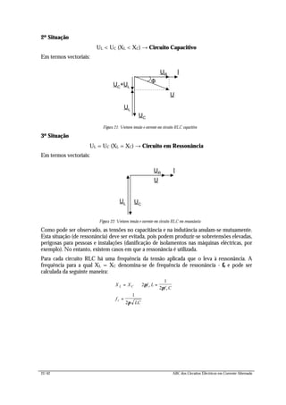 22/42 ABC dos Circuitos Eléctricos em Corrente Alternada
2ª Situação
UL < UC (XL < XC) → Circuito Capacitivo
Em termos vectoriais:
UR
I
UL
U
UC
UC
+UL
Figura 21: Vectores tensão e corrente em circuito RLC capacitivo
3ª Situação
UL = UC (XL = XC) → Circuito em Ressonância
Em termos vectoriais:
UR
I
UL
U
UC
Figura 22: Vectores tensão e corrente em circuito RLC em ressonância
Como pode ser observado, as tensões no capacitância e na indutância anulam-se mutuamente.
Esta situação (de ressonância) deve ser evitada, pois podem produzir-se sobretensões elevadas,
perigosas para pessoas e instalações (danificação de isolamentos nas máquinas eléctricas, por
exemplo). No entanto, existem casos em que a ressonância é utilizada.
Para cada circuito RLC há uma frequência da tensão aplicada que o leva à ressonância. A
frequência para a qual XL = XC denomina-se de frequência de ressonância - fr e pode ser
calculada da seguinte maneira:
X X f L
f C
f
LC
L C r
r
r
= ⇔ = ⇒
=
2
1
2
1
2
π
π
π
Φ
 