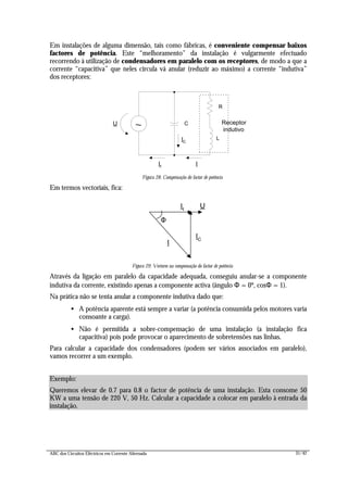 ABC dos Circuitos Eléctricos em Corrente Alternada 31/42
Em instalações de alguma dimensão, tais como fábricas, é conveniente compensar baixos
factores de potência. Este “melhoramento” da instalação é vulgarmente efectuado
recorrendo à utilização de condensadores em paralelo com os receptores, de modo a que a
corrente “capacitiva” que neles circula vá anular (reduzir ao máximo) a corrente “indutiva”
dos receptores:
R
It
~
L
U C
I
IC
Receptor
indutivo
Figura 28: Compensação do factor de potência
Em termos vectoriais, fica:
It
U
IC
I
Figura 29: Vectores na compensação do factor de potência
Através da ligação em paralelo da capacidade adequada, conseguiu anular-se a componente
indutiva da corrente, existindo apenas a componente activa (ângulo Φ = 0º, cosΦ = 1).
Na prática não se tenta anular a componente indutiva dado que:
• A potência aparente está sempre a variar (a potência consumida pelos motores varia
consoante a carga).
• Não é permitida a sobre-compensação de uma instalação (a instalação fica
capacitiva) pois pode provocar o aparecimento de sobretensões nas linhas.
Para calcular a capacidade dos condensadores (podem ser vários associados em paralelo),
vamos recorrer a um exemplo.
Exemplo:
Queremos elevar de 0.7 para 0.8 o factor de potência de uma instalação. Esta consome 50
KW a uma tensão de 220 V, 50 Hz. Calcular a capacidade a colocar em paralelo à entrada da
instalação.
Φ
 
