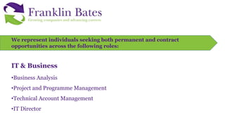 We represent individuals seeking both permanent and contract
opportunities across the following roles:
IT & Business
•Business Analysis
•Project and Programme Management
•Technical Account Management
•IT Director
 