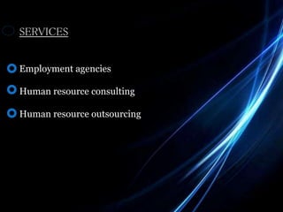 SERVICES
Employment agencies
Human resource consulting
Human resource outsourcing
`
 