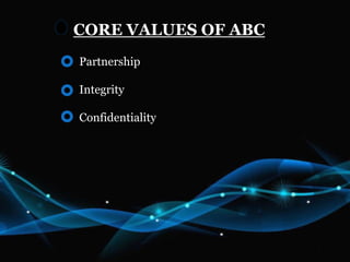 CORE VALUES OF ABC
Partnership
Integrity
Confidentiality
 