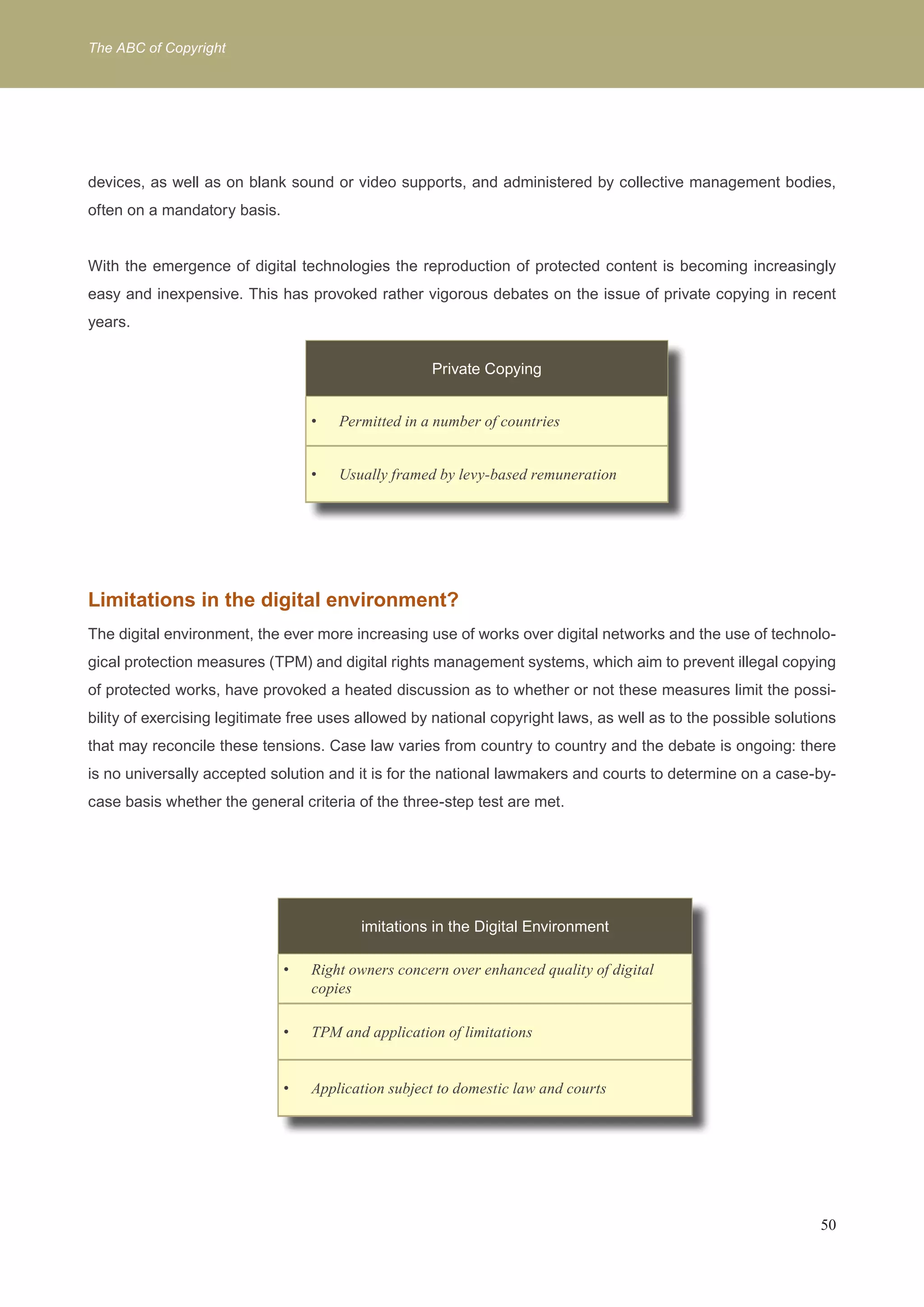 The ABC of Copyright 
devices, as well as on blank sound or video supports, and administered by collective management bodies, 
often on a mandatory basis. 
With the emergence of digital technologies the reproduction of protected content is becoming increasingly 
easy and inexpensive. This has provoked rather vigorous debates on the issue of private copying in recent 
years. 
Private Copying 
Permitted i • n a number of countries 
• Usually framed by levy-based remuneration 
Limitations in the digital environment? 
The digital environment, the ever more increasing use of works over digital networks and the use of technolo-gical 
protection measures (TPM) and digital rights management systems, which aim to prevent illegal copying 
of protected works, have provoked a heated discussion as to whether or not these measures limit the possi-bility 
of exercising legitimate free uses allowed by national copyright laws, as well as to the possible solutions 
that may reconcile these tensions. Case law varies from country to country and the debate is ongoing: there 
is no universally accepted solution and it is for the national lawmakers and courts to determine on a case-by-case 
50 
basis whether the general criteria of the three-step test are met. 
Limitations in the Digital Environment 
imitations in the Digital Environment 
• Right owners concern over enhanced quality of digital 
copies 
• TPM and application of limitations 
• Application subject to domestic law and courts 
 