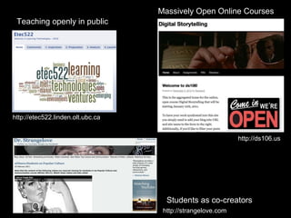 Teaching openly in public http://etec522.linden.olt.ubc.ca http://ds106.us http://strangelove.com Massively Open Online Courses Students as co-creators 