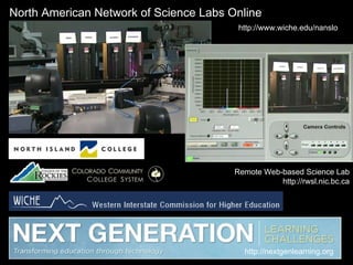 Remote Web-based Science Lab http://rwsl.nic.bc.ca North American Network of Science Labs Online http://nextgenlearning.org http://www.wiche.edu/nanslo 