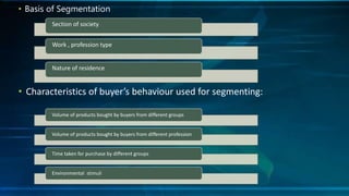 • Basis of Segmentation
• Characteristics of buyer’s behaviour used for segmenting:
Section of society
Work , profession type
Nature of residence
Volume of products bought by buyers from different groups
Volume of products bought by buyers from different profession
Time taken for purchase by different groups
Environmental stimuli
 
