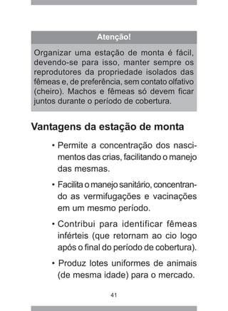 41
Atenção!
Organizar uma estação de monta é fácil,
devendo-se para isso, manter sempre os
reprodutores da propriedade isolados das
fêmeas e, de preferência, sem contato olfativo
(cheiro). Machos e fêmeas só devem ficar
juntos durante o período de cobertura.
Vantagens da estação de monta
• Permite a concentração dos nasci-
mentos das crias, facilitando o manejo
das mesmas.
• Facilitaomanejosanitário,concentran-
do as vermifugações e vacinações
em um mesmo período.
• Contribui para identificar fêmeas
inférteis (que retornam ao cio logo
após o final do período de cobertura).
• Produz lotes uniformes de animais
(de mesma idade) para o mercado.
 