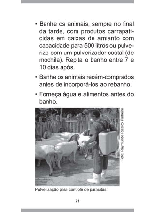 71
• Banhe os animais, sempre no final
da tarde, com produtos carrapati-
cidas em caixas de amianto com
capacidade para 500 litros ou pulve-
rize com um pulverizador costal (de
mochila). Repita o banho entre 7 e
10 dias após.
• Banhe os animais recém-comprados
antes de incorporá-los ao rebanho.
• Forneça água e alimentos antes do
banho.
Pulverização para controle de parasitas.
Foto:RaymundoRizaldoPinheiro
 