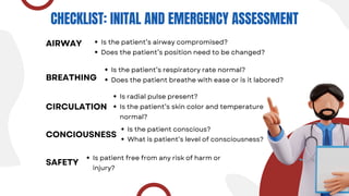 CHECKLIST: INITAL AND EMERGENCY ASSESSMENT
AIRWAY Is the patient’s airway compromised?
Does the patient’s position need to be changed?
BREATHING
CIRCULATION
CONCIOUSNESS
SAFETY
Is the patient’s respiratory rate normal?
Does the patient breathe with ease or is it labored?
Is radial pulse present?
Is the patient’s skin color and temperature
normal?
Is the patient conscious?
What is patient’s level of consciousness?
Is patient free from any risk of harm or
injury?
 