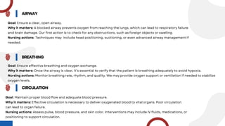 AIRWAY
Goal: Ensure a clear, open airway.
Why it matters: A blocked airway prevents oxygen from reaching the lungs, which can lead to respiratory failure
and brain damage. Our first action is to check for any obstructions, such as foreign objects or swelling.
Nursing actions: Techniques may include head positioning, suctioning, or even advanced airway management if
needed.
BREATHING
Goal: Ensure effective breathing and oxygen exchange.
Why it matters: Once the airway is clear, it’s essential to verify that the patient is breathing adequately to avoid hypoxia.
Nursing actions: Monitor breathing rate, rhythm, and quality. We may provide oxygen support or ventilation if needed to stabilize
oxygen levels.
CIRCULATION
Goal: Maintain proper blood flow and adequate blood pressure.
Why it matters: Effective circulation is necessary to deliver oxygenated blood to vital organs. Poor circulation
can lead to organ failure.
Nursing actions: Assess pulse, blood pressure, and skin color. Interventions may include IV fluids, medications, or
positioning to support circulation.
 