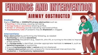Findings:
Signs of PARTIAL or COMPLETE airway obstruction such as:
Swelling in the airway, causing narrowing.
Foreign body or secretions blocking airflow.
Stridor or wheezing sounds indicating restricted airflow.
Tracheostomy tube (if present) may be displaced or clogged.
Interventions:
Clear obstruction by performing the following, as needed:
Suctioning to remove secretions.
Repositioning the patient (e.g., head tilt, chin lift, or turning to the side) to improve
airway patency.
If a foreign body is identified, consider appropriate methods to remove it, such as
Heimlich maneuver or suctioning.
Ensure tracheostomy tube is secure and not displaced.
If severe obstruction persists, prepare for more advanced interventions like
intubation or tracheostomy replacement
FINDINGS AND INTERVENTION
FINDINGS AND INTERVENTION
AIRWAY OBSTRUCTED
 
