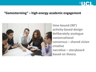 “Gamestorming” – high-energy academic engagement
time-bound (90’)
activity-based design
deliberately analogue
conversational
consensus – shared vision
creative
narrative – storyboard
based on theory
 