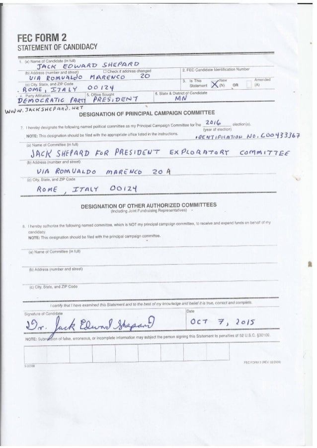 Jack Shepard statement as a Democrat for President for the FEC FORM 2