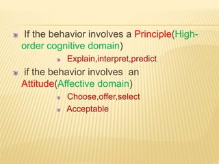 If the behavior involves a Principle(High-
order cognitive domain)
Explain,interpret,predict
if the behavior involves an
Attitude(Affective domain)
Choose,offer,select
Acceptable
 