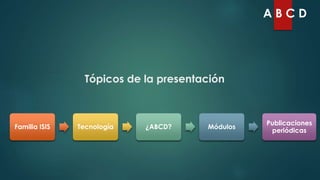 ABCD

Tópicos de la presentación

Familia ISIS

Tecnología

¿ABCD?

Módulos

Publicaciones
periódicas

 