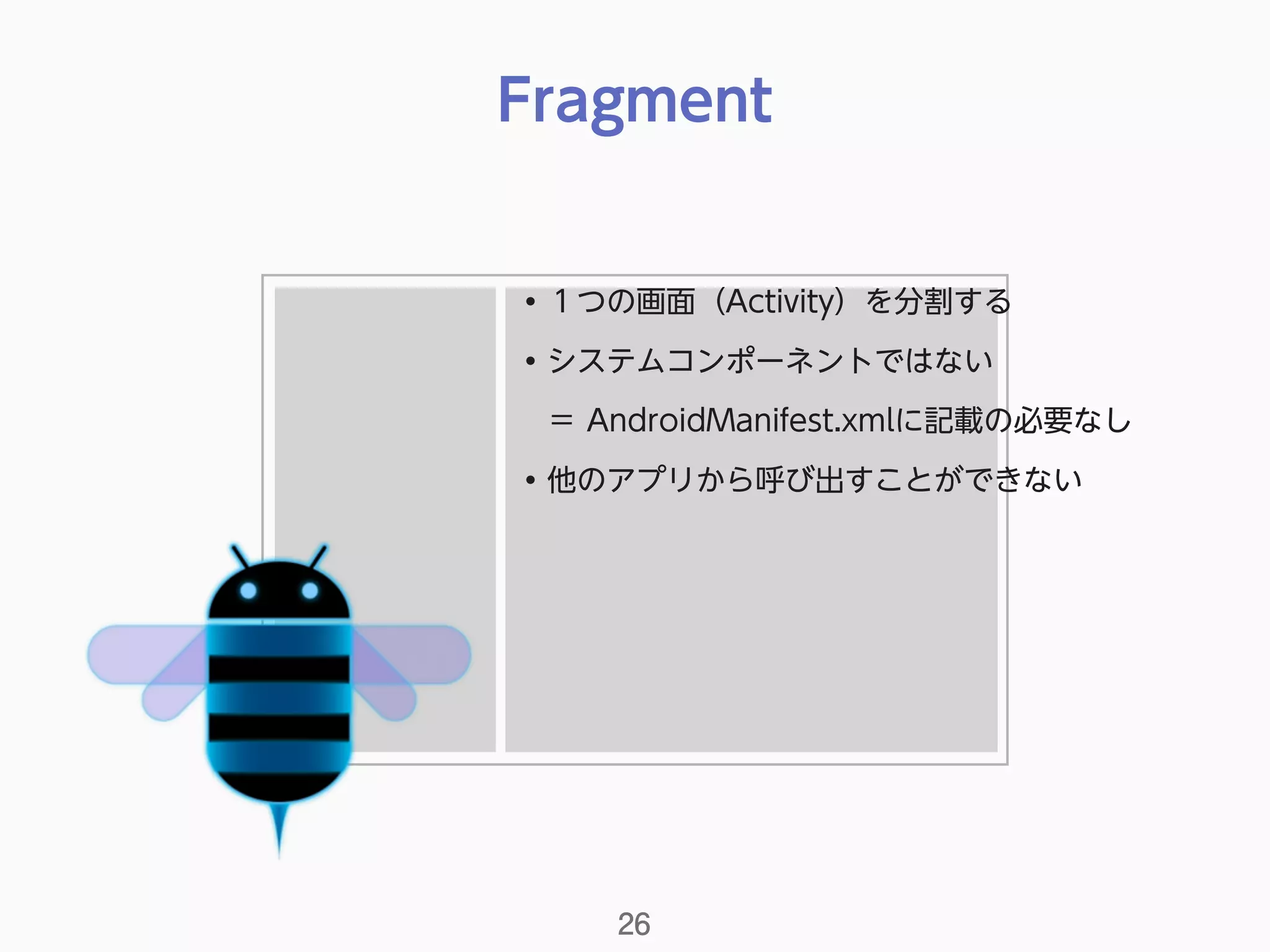 Fragment
26
• １つの画面（Activity）を分割する
• システムコンポーネントではない 
＝ AndroidManifest.xmlに記載の必要なし
• 他のアプリから呼び出すことができない
 