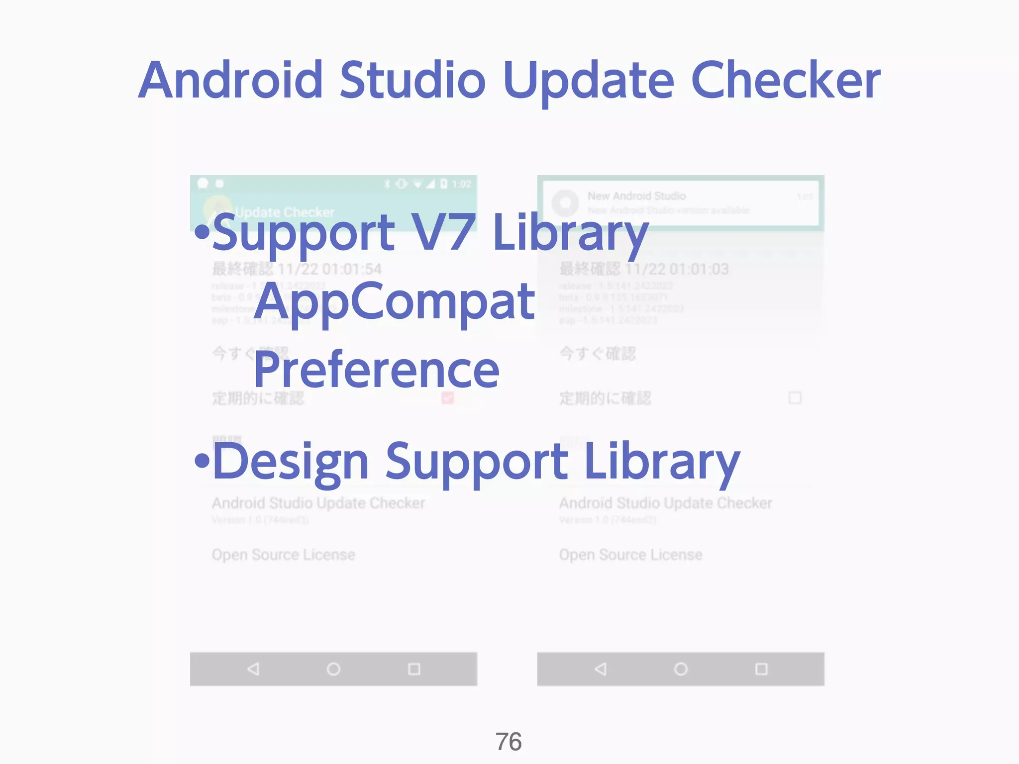 Android Studio Update Checker
76
•Support V7 Library
AppCompat
Preference
•Design Support Library
 