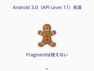Android 3.0（API Level 11）未満
28
Fragmentは使えない
 